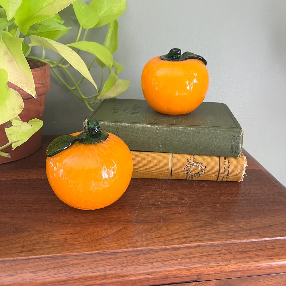 Vintage Murano Style Hand Blown Art Glass Orangess  With Leaves 4"